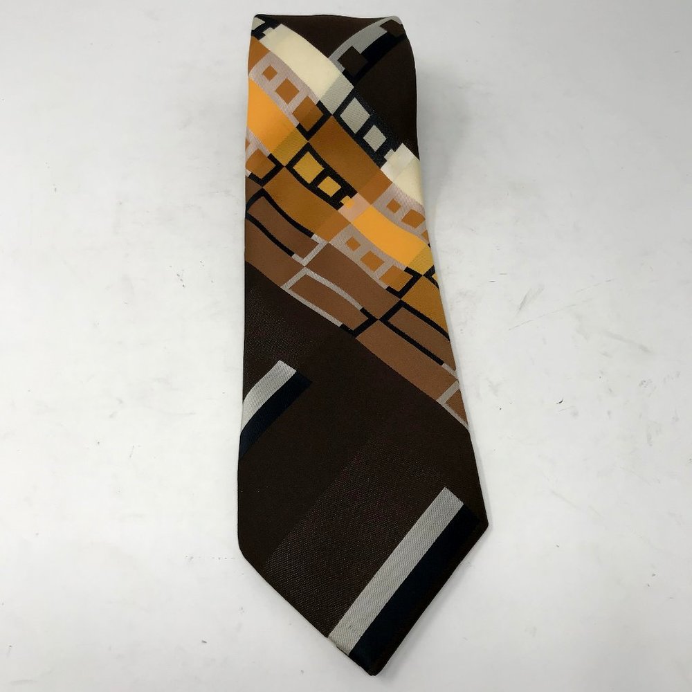 Vintage Lilly Dache Men’s Tie 70’s Brown & Gold Retro Color Block 4” x 58” Wide
